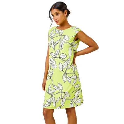 Image of Roman Originals Scuba Dress for Women UK Ladies Shift Swing Linear Floral Print Spring Everyday Summer Evening Vacation Work Holiday Short Sleeve Smart Casual Lime White Size 10