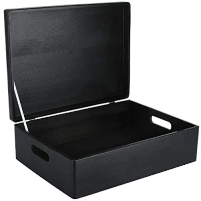 Image of Creative Deco XL Black Wooden Storage Box 40 x 30 14 cm (+/ 1 cm) with Hinged Lid &amp; Handles Gift for Christmas Xmas Wood Keepsake Memory Craft Chest