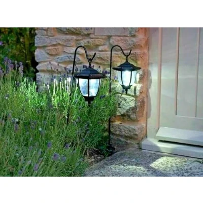 Image of Solarize® Pack of 2 Black Shepherds Crook Hanging Victorian Coach Lamp Lantern Solar Lights led Post Traditional Outdoor Garden Lighting New Improved with 1 High Lumen Bulb