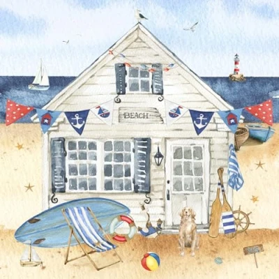 Image of Anniversary House Tiflair Beach Hut Lunch Napkins 3 ply Pack of 20, hut, sea, Summer, sea Life, Nautical, Table Decoration, decoupage, 33 x cm