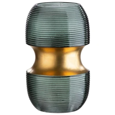 Image of GILDE Decorative Glass Vase Modern Flower with Grooves Design Gift Birthday Table Decoration Christmas Wedding Gold Colour: Green Height 22 cm