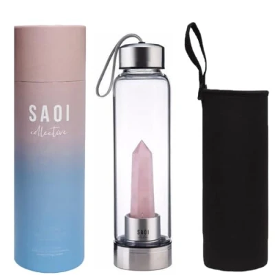 Image of Crystal Water Bottle Rose Quartz Gemstone Infused Elixir Natural Wellness Healing Glass/Stainless Steel