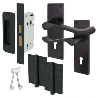 Image of EAI Black Victorian Scroll Door Handle Key Lock Set 1 Pair of Matt Internal Lever Handles on Backplate with Hinges (76mm), Sash (64mm) &amp; Keys