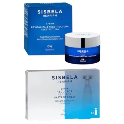 Image of Pack 2 Face Cream Revitalizes and Restructures 50 ml. with Ribonucleic Acid RNA All Skin Types + Instant Reducer Serum for Bags Dark Circles Sisbela Reafirm. Box of 5 units ml (10 ml.)