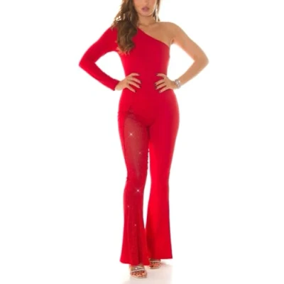 Image of Koucla New Year&#039;s Eve One Shoulder Long Jumpsuit Overall with Glitter Mesh and Flare M