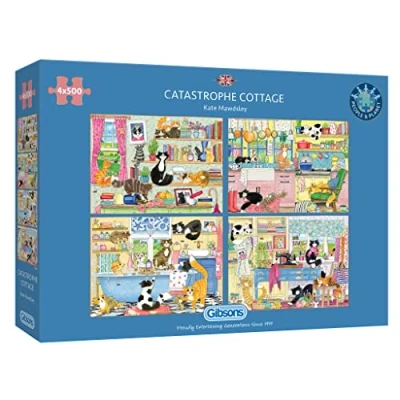 Image of Catastrophe Cottage 4 x 500 Piece Jigsaw Puzzle Multi Box Sustainable for Adults Premium 100% Recycled Board Great Gift Gibsons Games