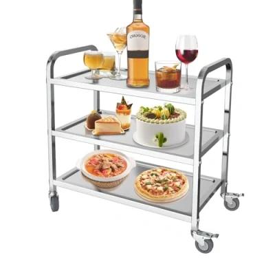 Image of MOOTACO 3 Tier Stainless Steel Kitchen Trolley Cart,95x50x95cm Large Serving with Locking Wheels for Kitchen, Hotels, Restaurants