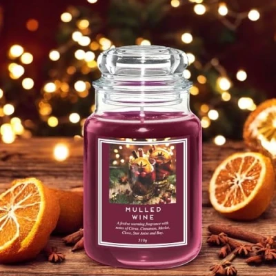 Image of FabFinds Large 18oz Scented Glass Jar Candle Natural Soy Wax Gift Fragrance (Free 8pcs Melt) Burn Time: 104 Hours (Mulled Wine)