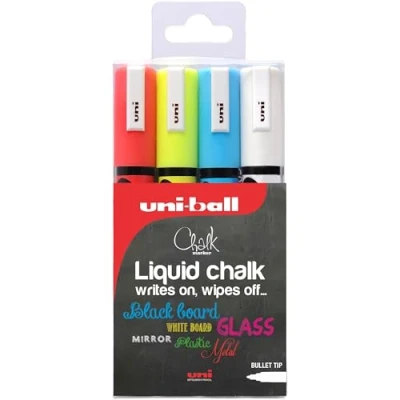 Image of Uni Ball PWE 5M Liquid Chalk Marker Pens. Multi Purpose Wipeable Coloured Markers for Blackboards, Chalkboards, Whiteboards, Glass, Mirrors, Plastic, Windows, Metal. Non Toxic. Bullet Tip. Pack Of 4