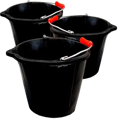 Image of 14L Black Flexible Bucket Heavy Duty Rubber Builders 3 Gallon 14 Litre Water Mixing Storage Strong Handle and Spout Ideal for Construction Trade, Animal Feed Pack of