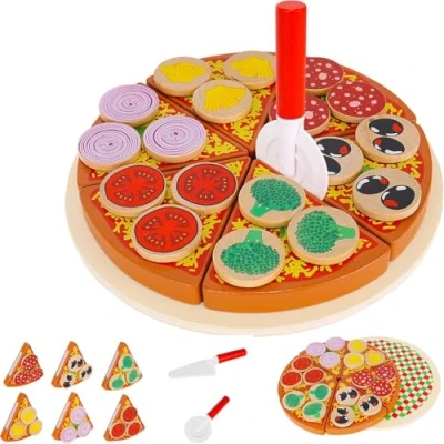 Image of Wooden Simulation Pizza Play Toy Food Cutting Set Kids Role Funny Kitchen