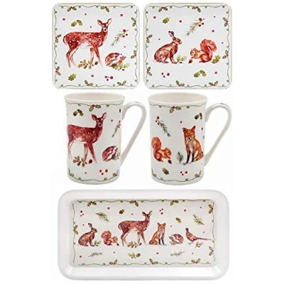 Image of Christmas Winter Forest 5 Piece Gift Set Tray, 2 Mugs &amp; Coasters