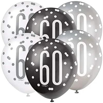 Image of Dazzling 60th Glitz Black, Silver &amp; White Premium Latex Balloons (30cm) Ideal for Memorable Milestone Party Decorations 6ct