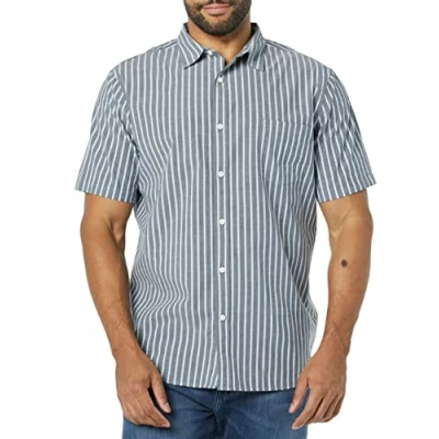 Image of Amazon Essentials Men&#039;s Slim Fit Short Sleeve Poplin Shirt, Navy White Stripes, L