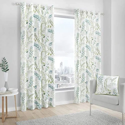 Image of Fusion Fernworthy Leaf Print 100% Cotton Eyelet Lined Curtains, Green, 46 x 54 Inch, Polyester, W117cm (46&quot;) D137cm (54&quot;)