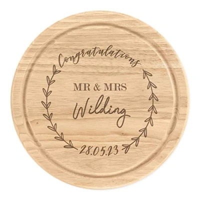 Image of Personalised Congratulations Name Mr &amp; Mrs Wedding Wooden Chopping Cheese Board Round 25cm Custom