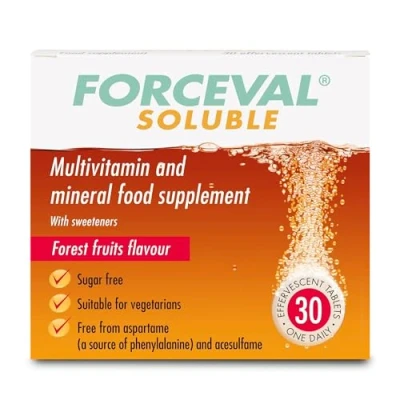 Image of Forceval Soluble, Effervescent Multivitamin Tablets, 24 Vitamins and Minerals including Vitamin C, B Vitamins, Iron Zinc. Suitable for Vegetarians. Pack of 30