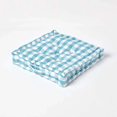 Image of HOMESCAPES Blue and White Gingham Floor Cushion Block Check Pattern 100% Cotton Pad 40 x 8cm Square Outdoor Garden or Indoor Dining Chair Booster Seat