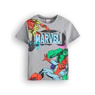 Image of Marvel Avengers Boys T Shirt Kids Superhero Short Sleeve Graphic Tee in Grey Spiderman The Incredible Hulk Iron Man Graffiti Style Comic Book Apparel Top Film Movie Art Merchandise Gift