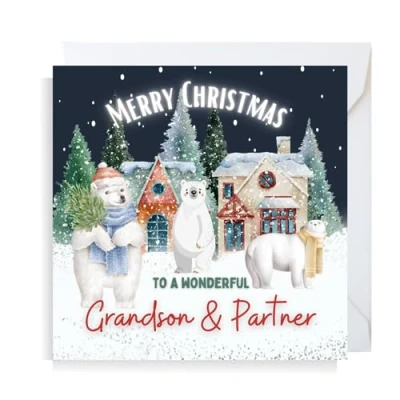 Image of Second Ave Grandson &amp; Partner Christmas Polar Bear Square Xmas Holiday Festive Greetings Card