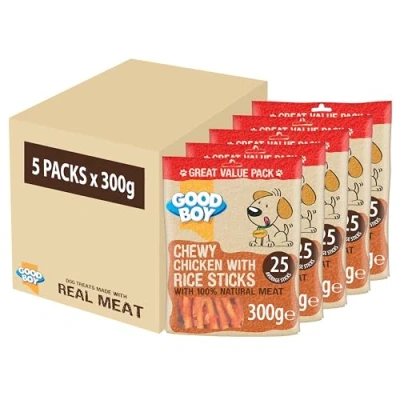 Image of Good Boy Chicken &amp; Rice Sticks Low Fat Natural Dog Treats Rawhide Free Recipe Bulk Box 5 x 300g