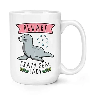 Image of Beware Crazy Seal Lady 15oz Large Mug Cup