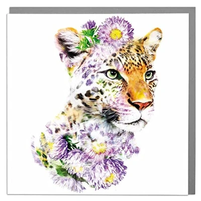 Image of Lola Design Wildlife Botanical Greeting Cards, Leopard Suitable for Birthdays, Congratulations or Any Special Occasions Blank Inside with Grey Envelope 150mm x