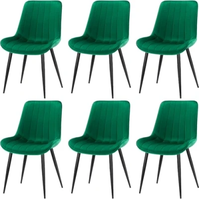 Image of LONGTOO Set of 6 Dining Chairs with Velvet Upholstered Seat &amp; Backrest,Stable Metal Legs,Modern Stripe Design,Green