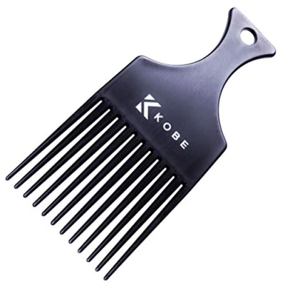 Image of Kobe Professional Afro Comb Durable Black Fully Plastic Parting Ideal for Curly Hair Pick Wider Teeth Easy Styling