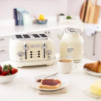 Image of Charles Bentley 1.7L Kettle &amp; 4 Slice Toaster Set Cream Chrome Fast Boil 360 Swivel Base 6 Setting Removable Water Filter