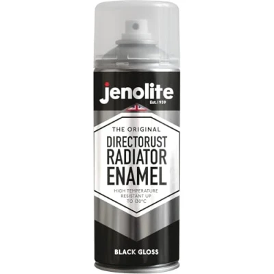 Image of JENOLITE Directorust Radiator Enamel Spray Paint BLACK Gloss Finish Resistant to 130ºC Durable, Scuff Resistant, Non Yellowing No Primer Needed 400ml