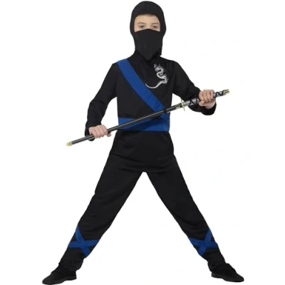 Image of Smiffys Ninja Assassin Costume, Black &amp; Blue with Hood, Mask, Top Trousers, Boys Fancy Dress, Dress Up Costumes