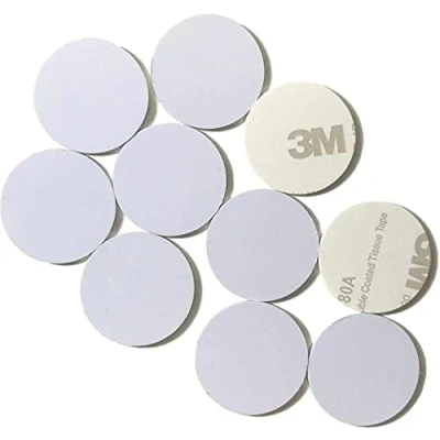 Image of 10 NFC On Metal Tags 30mm Round PVC White Stickers NXP Chip NTAG213 144 Bytes Memory with 3M Strong Self Adhesive High Scan Strength