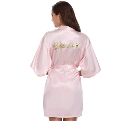 Image of Vlazom Satin Bridal Bridesmaid Robes Silk Bride Party Bathrobes Dressing Gwon, Wedding Day Robes, Glitter Kimono Nightwear Pink for L(UK 12 14)