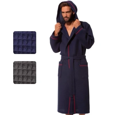 Image of Morgenstern Mens Robe Waffle Men with Hood, Cotton, Lightweight L, Blue
