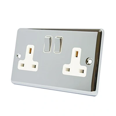 Image of AET CPC2GSOCWC Polished Chrome Classical 2 Gang White Insert Metal Rocker Switches 13 Amp Double Plug Socket