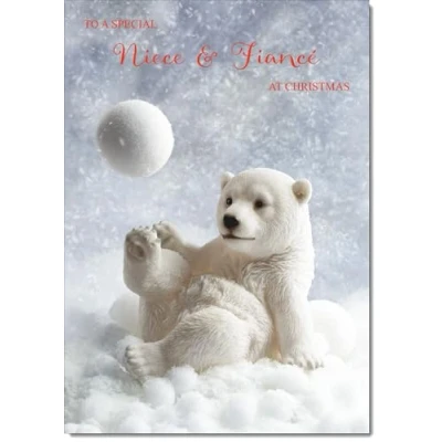 Image of doodlecards Niece &amp; Fiance Christmas Card Polar Bear and Snowball Medium Size with Plain Envelope