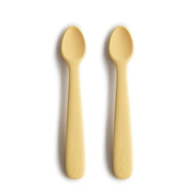 Image of Mushie Baby Feeding Spoons BPA Free Silicone 2 Pack Dishwasher Safe Durable Toddler Utensils Daffodil