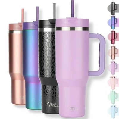 Image of Milu 40oz Tumbler with Straw and Handle (1.2L) 48h ice / 24h Cold 12h hot Stainless Steel Travel Mug Lid Insulated Water Bottle Cup to go Gift for Women Men (Lilac)
