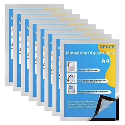 Image of Mutualsign A4 Magnetic Frame Self Adhesive Display Frames Wall Window Sign Holder with Backing for Posters Ads Document Photos Notices License (8PCS, Silver)