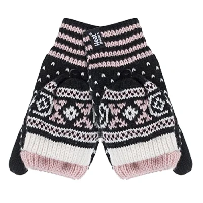 Image of HEAT HOLDERS Ladies Warm Fairisle Patterned Thermal Fingerless Winter Mittens Converter Gloves (One Size, Black (Stockholm))