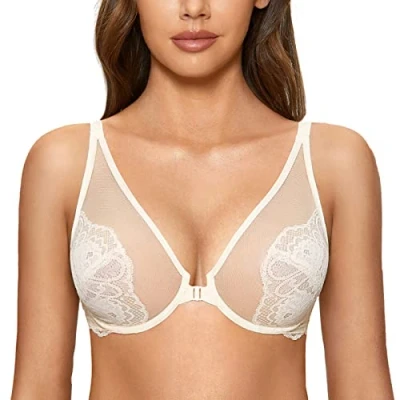 Image of DOBREVA Women&#039;s Lace See Through Bra Front Closure Unlined Underwire Plus Size Minimizer Ivory 34DD