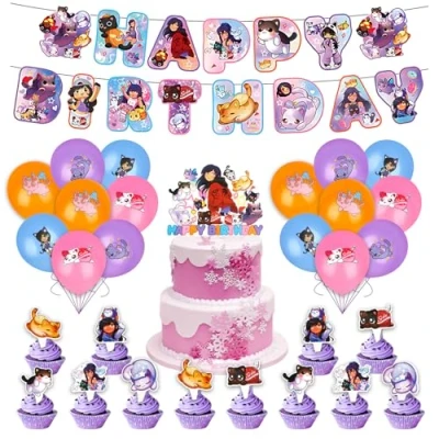 Image of Cat Birthday Party Decoration, Cartoon Theme Decoration Supplies Set Including Cake Topper, Cupcake Latex Balloons, Happy Banner for Kids Boys Girls