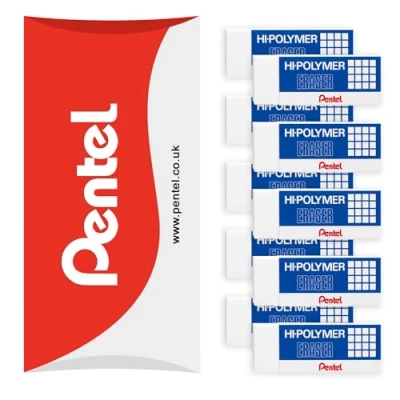 Image of Pentel Hi Polymer Plastic Rubbers Erasers White ZEH10 Pack of 10 in Pillow Packaging