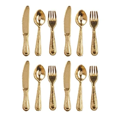 Image of Melody Jane Dolls House Gold Cutlery Set 4 Place Settings Dining Room Tableware Miniature