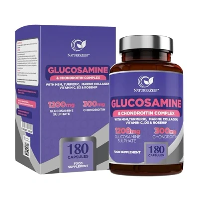 Image of Glucosamine and Chondroitin High Strength Capsules Complex with MSM 180 Vitamin C, Rosehip, Turmeric Curcumin &amp; Marine Collagen UK Made by Natures Zest