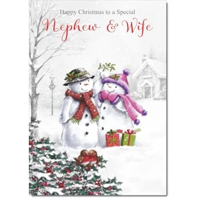 Image of doodlecards Nephew &amp; Wife Christmas Card Two Snowmen Medium Size with Plain Red Envelope