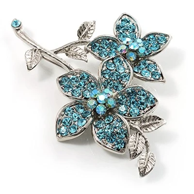 Image of Avalaya Sky Blue Diamante Flower Brooch (Silver Tone)