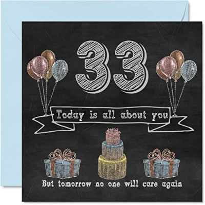Image of Funny 33rd Birthday Cards for Men Woman Chalk Blackboard Happy Card Auntie Mum Dad Daughter Son Sister Uncle Brother Cousin, 145mm x Humour Banter Greeting