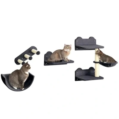 Image of PawHut 4PCs Wall Mounted Cat Tree Shelves W/Scratching Post Dark Grey